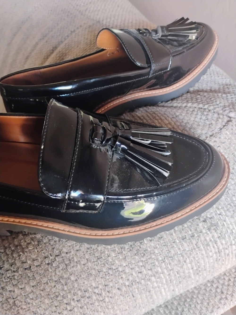 Franco Sarto Size 8 1/2 Black Patent Tassel Loafers